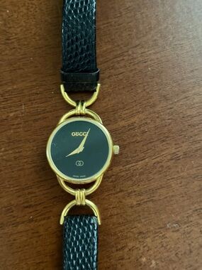 Watch - Gucci Black and Gold Round Dial Leather Strap Watch